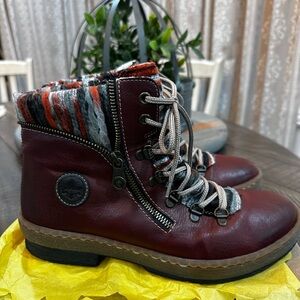 Reiker Burgundy Leather Ankle Boots with Knit Cuff